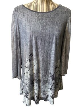 SeSe Code Tunic Top XL Grey Floral Flared Sleeves lined Lightweight Stretchy